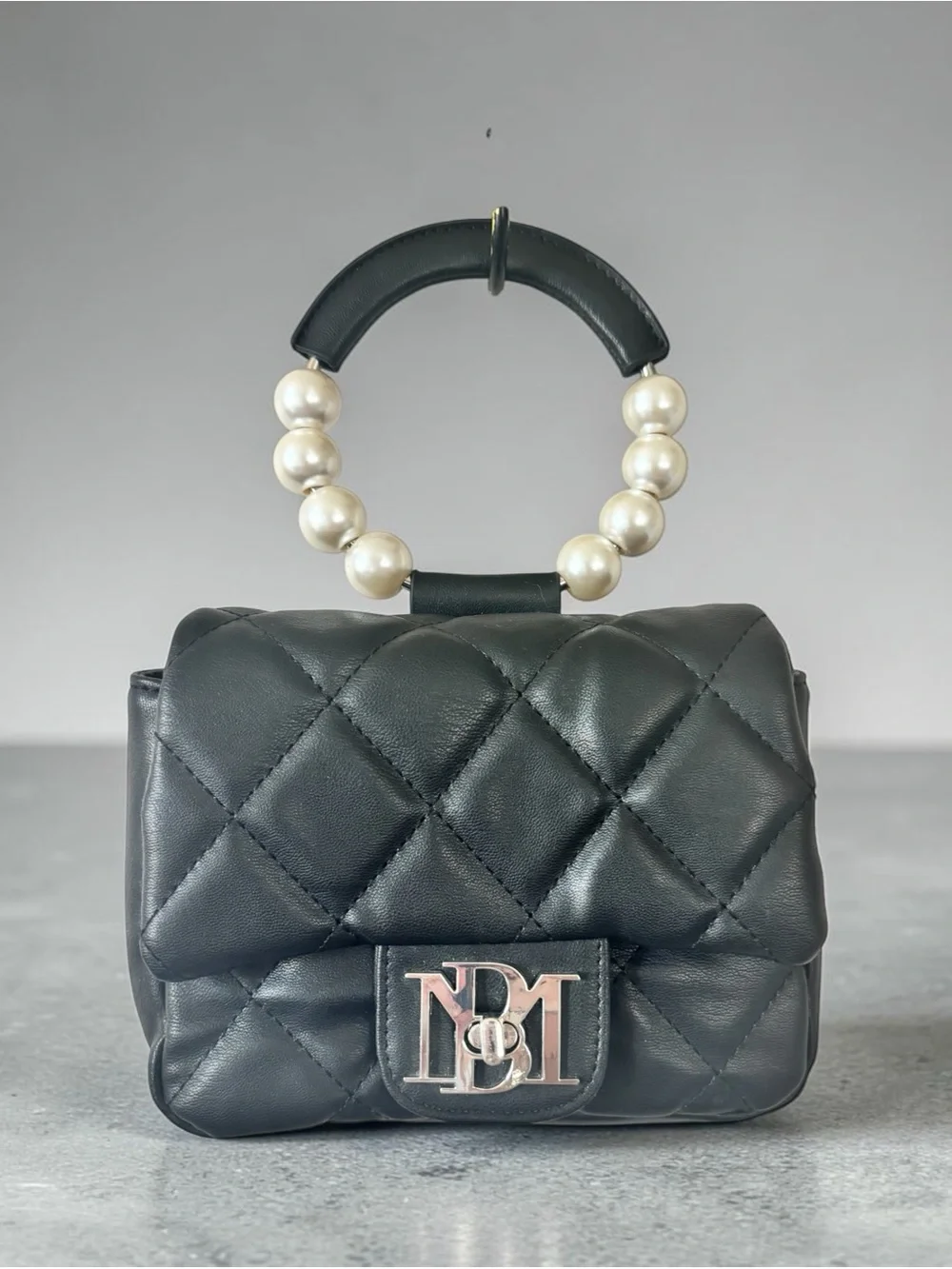 Badgley Mischka Black Quilted Pearl-Handle Crossbody